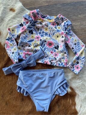 Girls Floral Long-Sleeve Rash Guard Bikini Set in Light Blue